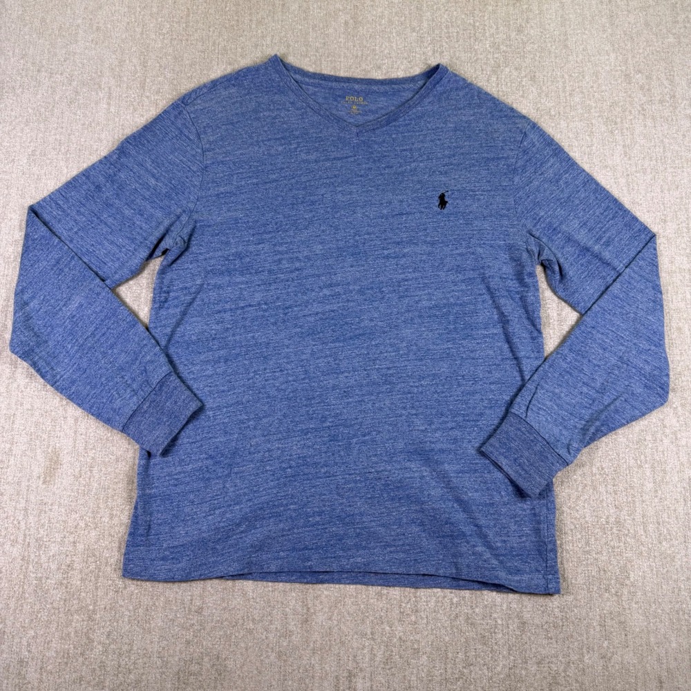 Polo Ralph Lauren T-Shirt Mens M Blue Long Sleeve V-Neck Heathered Cotton